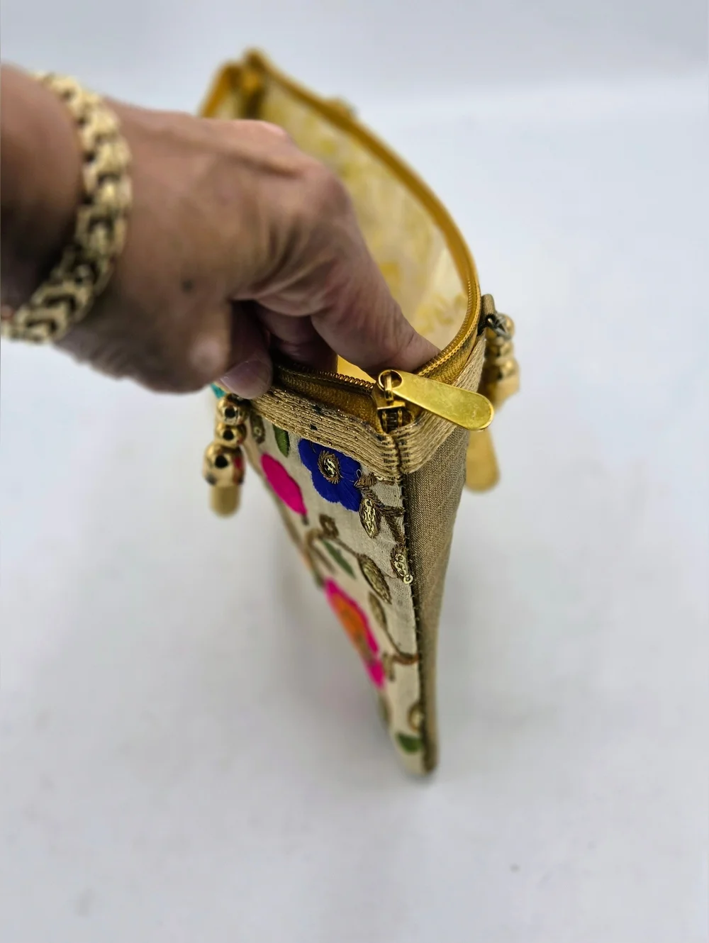 Hand-Embroidered Phulkari Floral Silk Clutch Bag | Boho Ethnic Wedding Gold